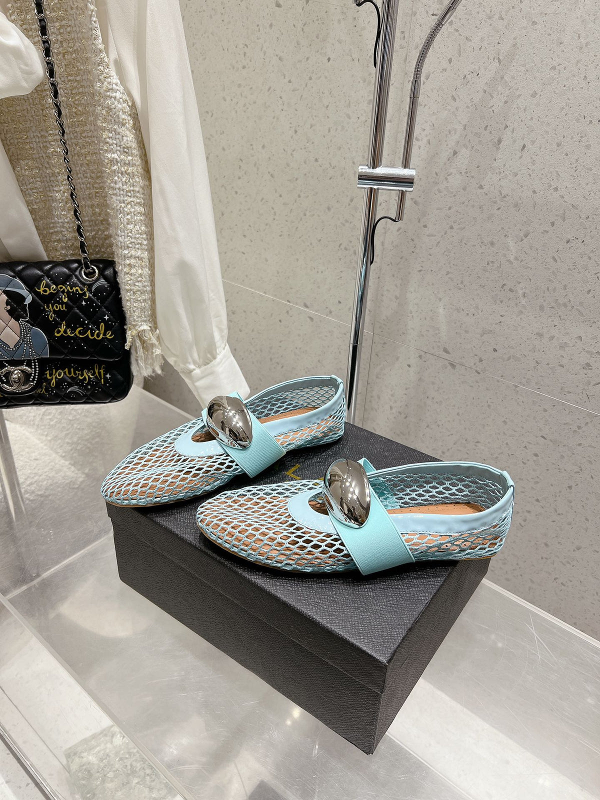 ballet flat jewel fishnet sky blue lambskin