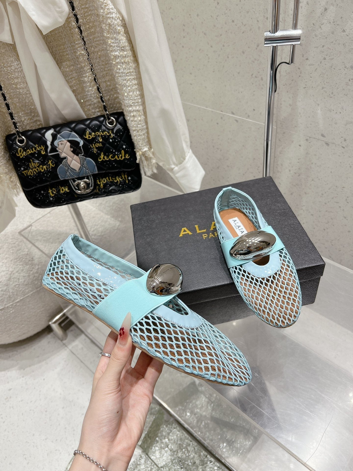 ballet flat jewel fishnet sky blue lambskin