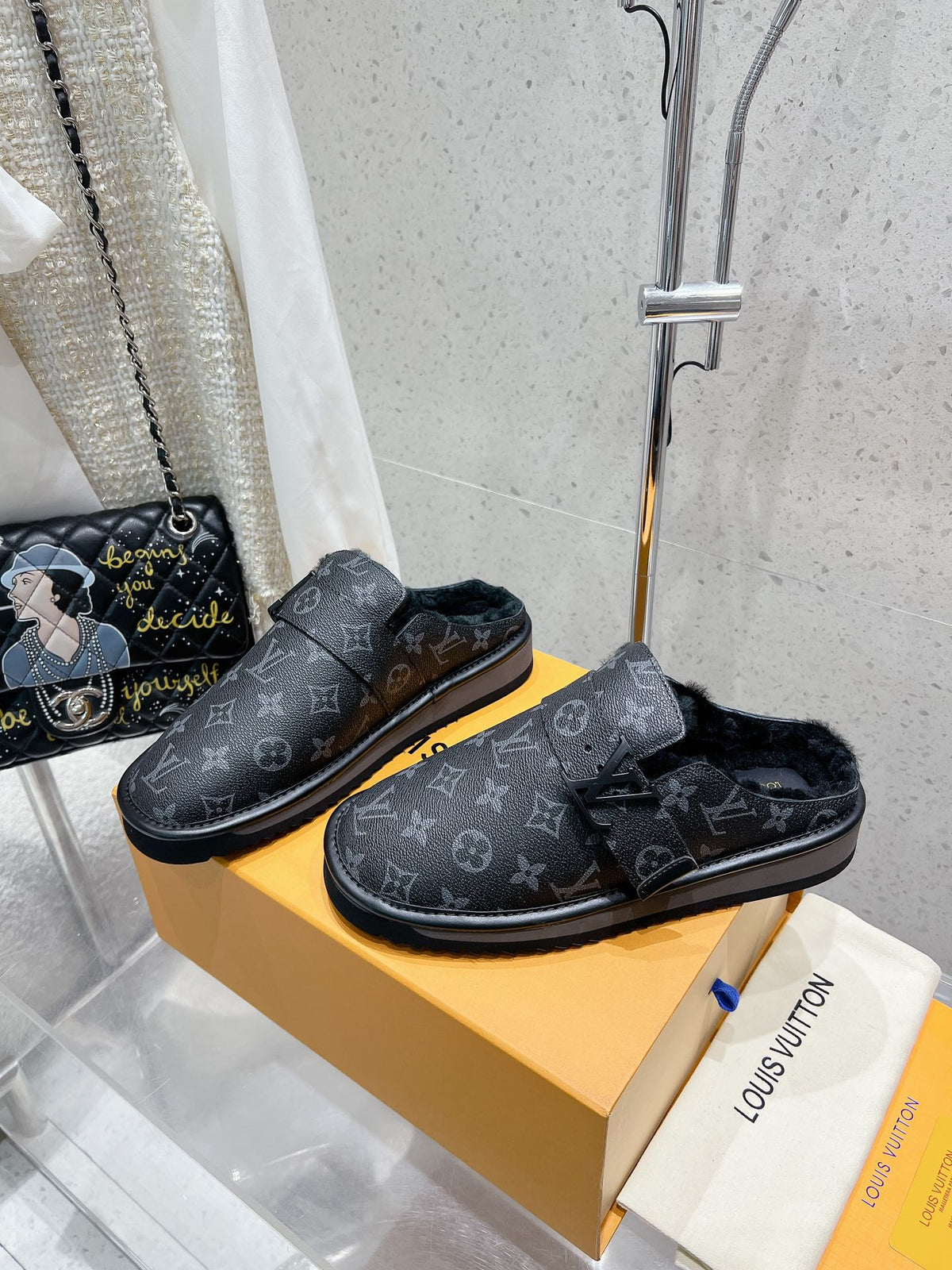 LV Cosy Flat Comfort Clog Black Monogram Lambskin