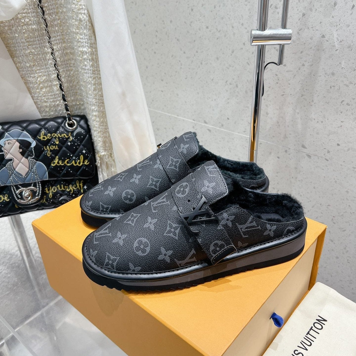 LV Cosy Flat Comfort Clog Black Monogram Lambskin