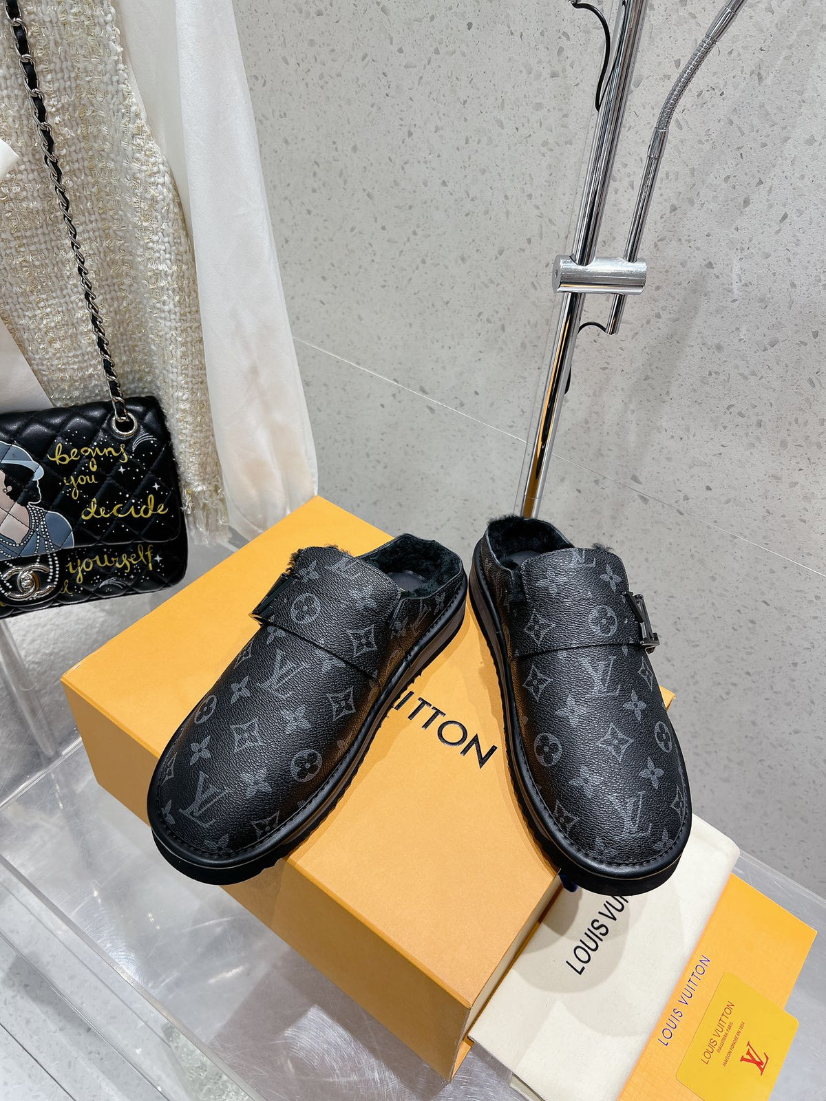 LV Cosy Flat Comfort Clog Black Monogram Lambskin