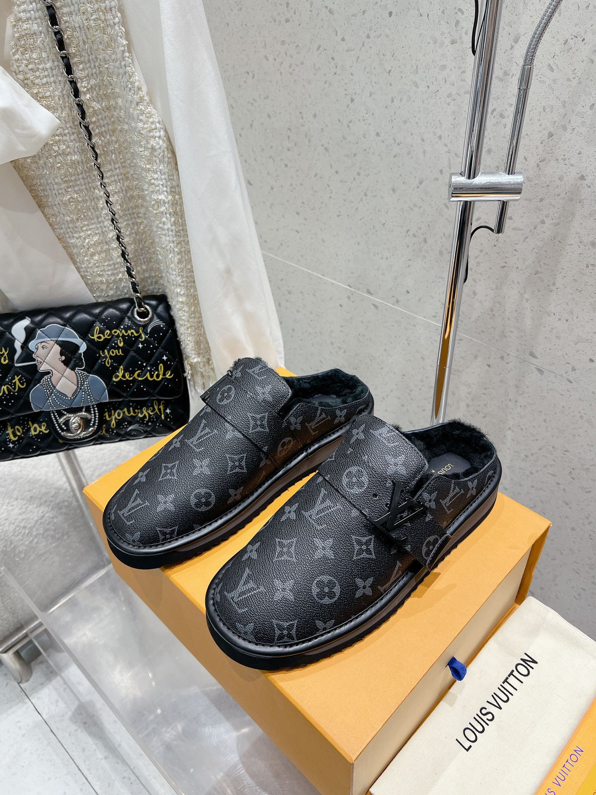 LV Cosy Flat Comfort Clog Black Monogram Lambskin