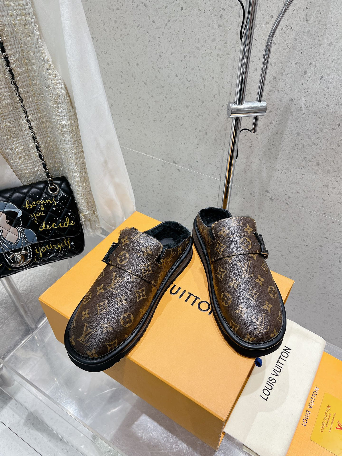 LV Cosy Flat Comfort Clog Dark Brown Monogram Lambskin