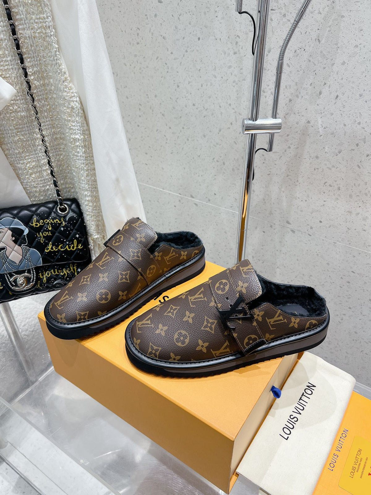 LV Cosy Flat Comfort Clog Dark Brown Monogram Lambskin