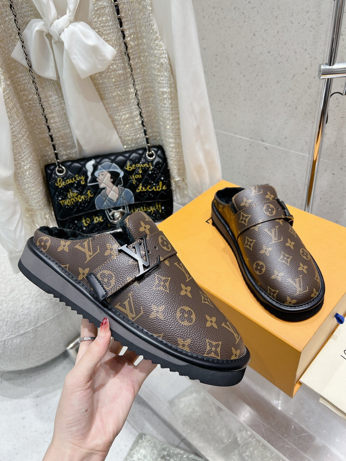 LV Cosy Flat Comfort Clog Dark Brown Monogram Lambskin