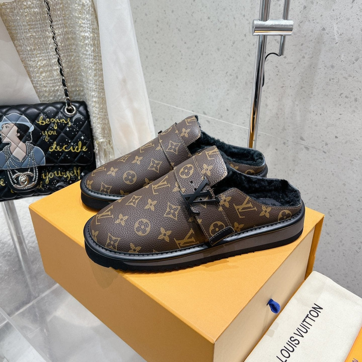 LV Cosy Flat Comfort Clog Dark Brown Monogram Lambskin
