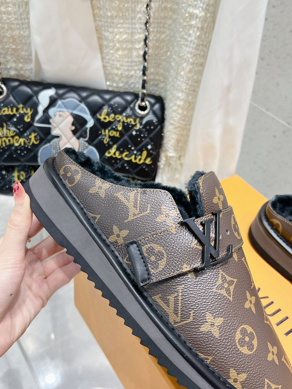 LV Cosy Flat Comfort Clog Dark Brown Monogram Lambskin