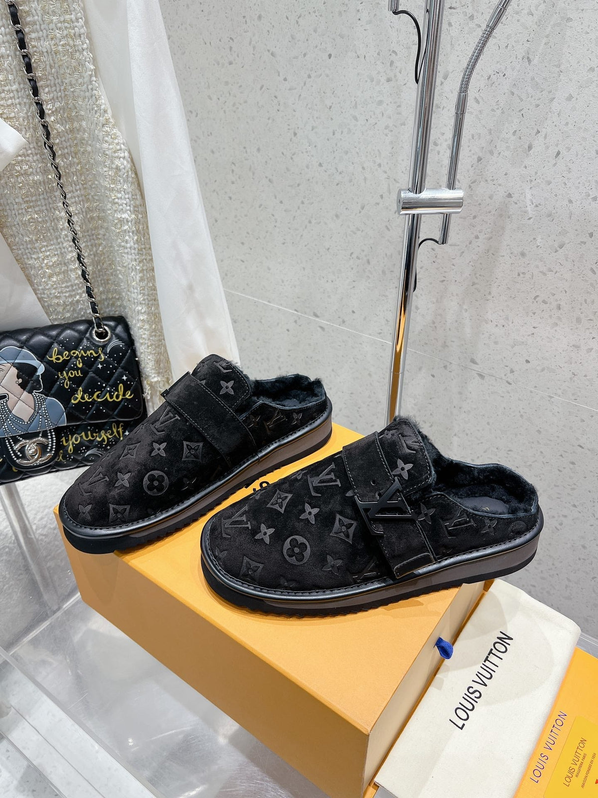 LV Cosy Flat Comfort Clog Black Monogram Suede