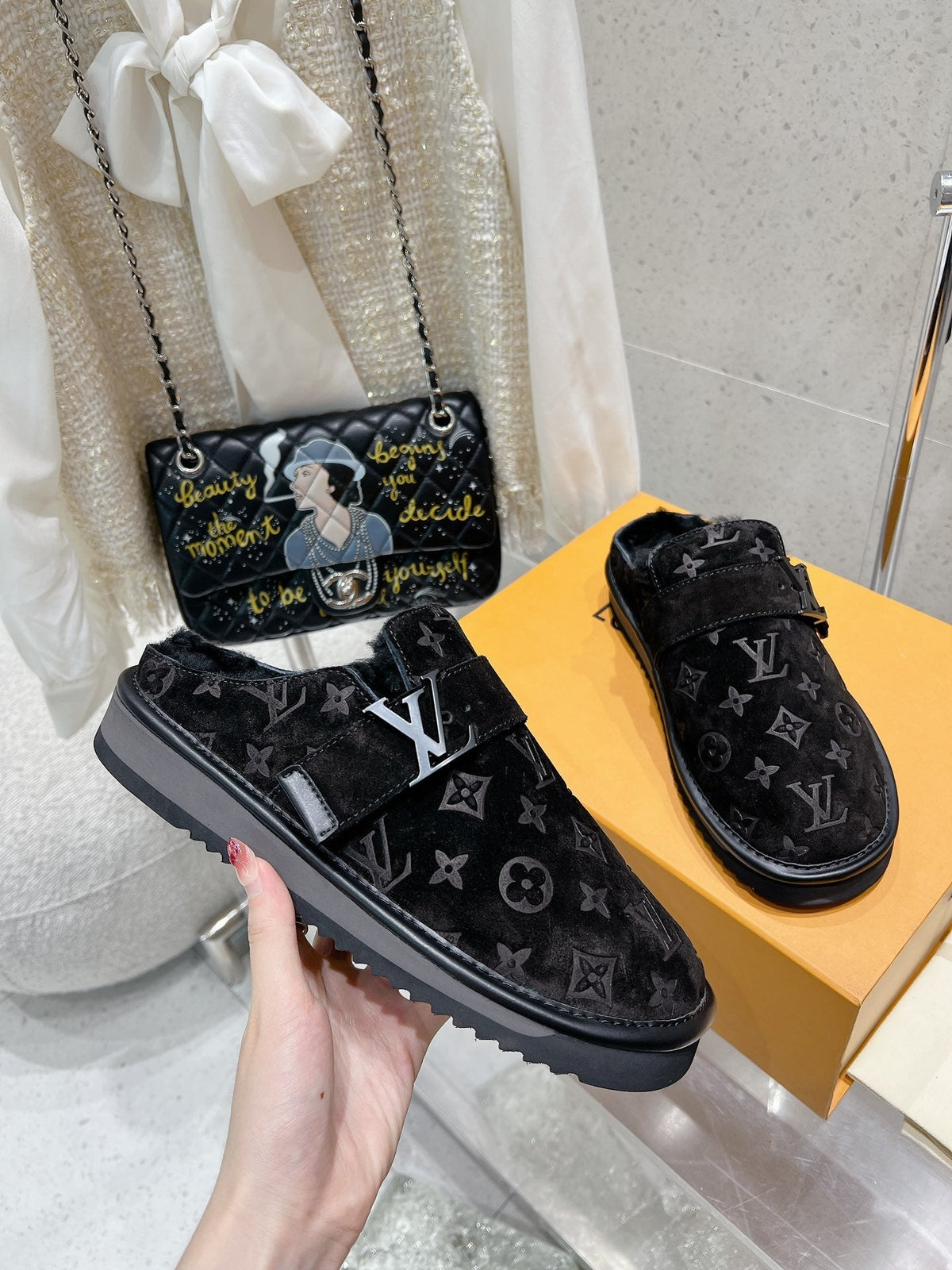 LV Cosy Flat Comfort Clog Black Monogram Suede