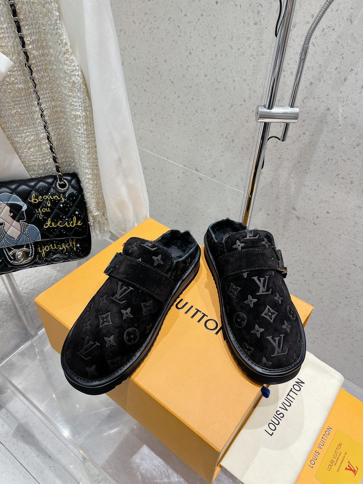 LV Cosy Flat Comfort Clog Black Monogram Suede