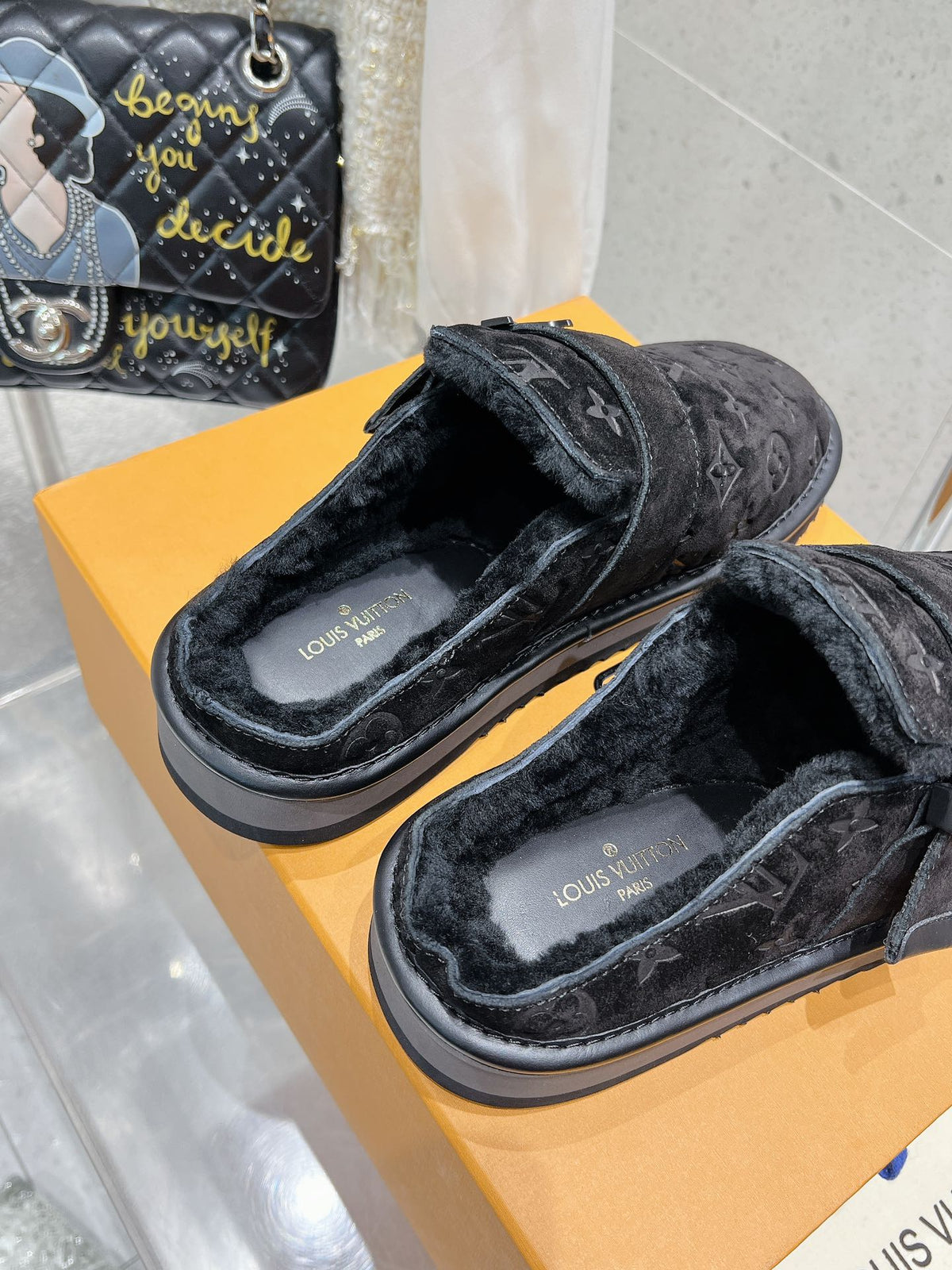 LV Cosy Flat Comfort Clog Black Monogram Suede