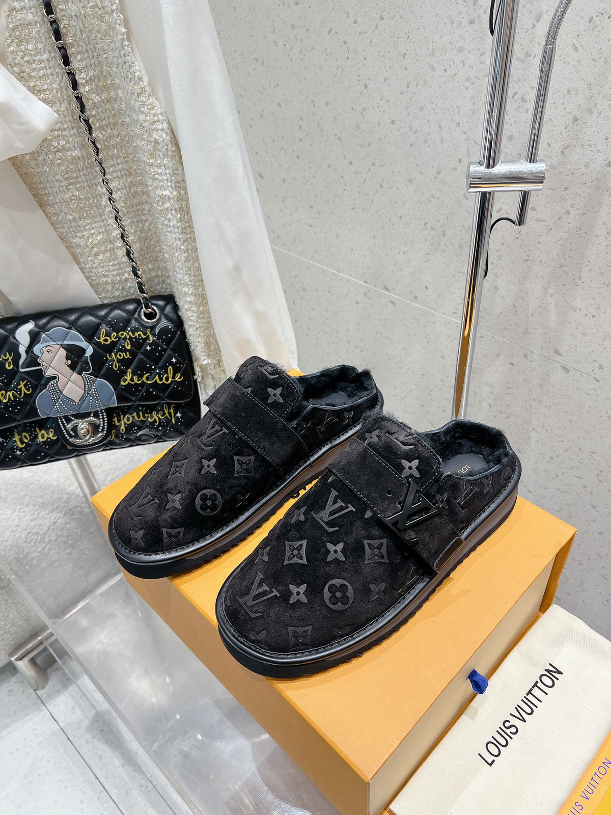LV Cosy Flat Comfort Clog Black Monogram Suede