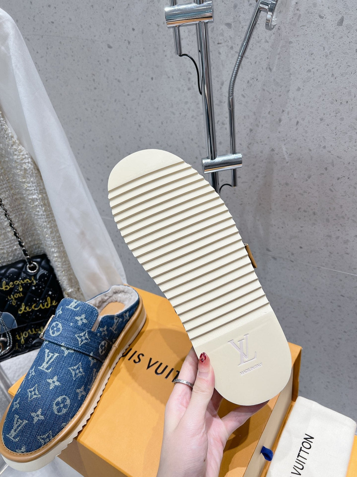 LV Cosy Flat Comfort Clog Light Blue Monogram Denim Fabric