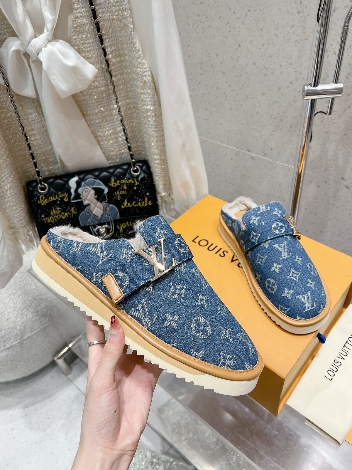 LV Cosy Flat Comfort Clog Light Blue Monogram Denim Fabric