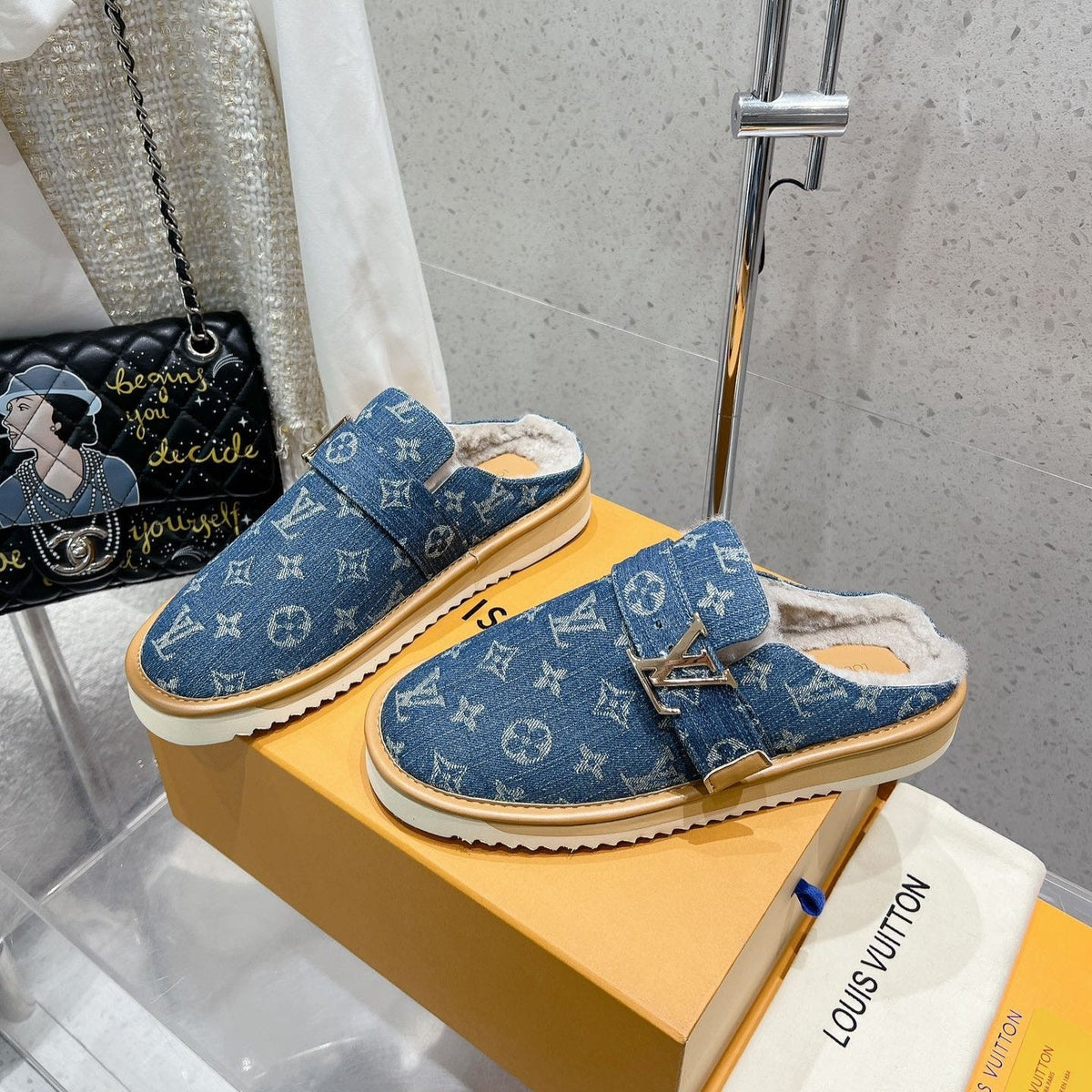 LV Cosy Flat Comfort Clog Light Blue Monogram Denim Fabric