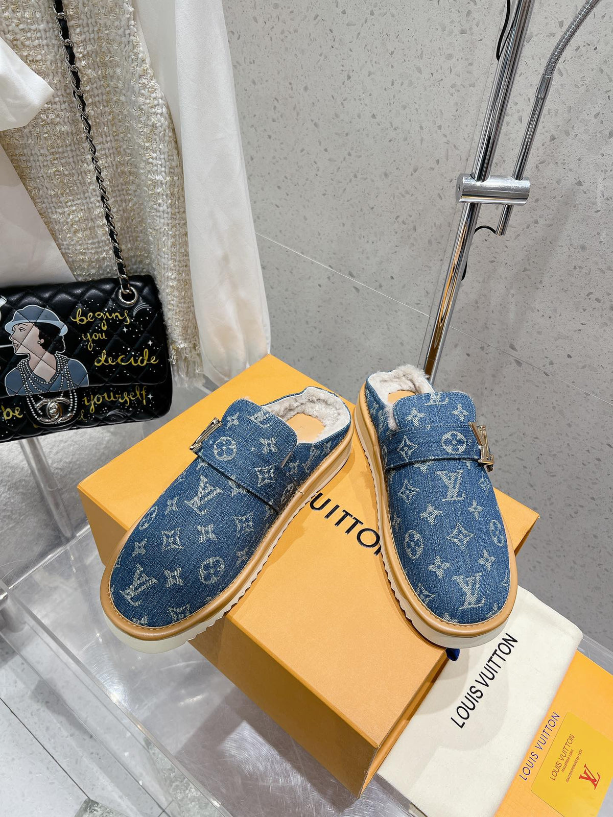 LV Cosy Flat Comfort Clog Light Blue Monogram Denim Fabric
