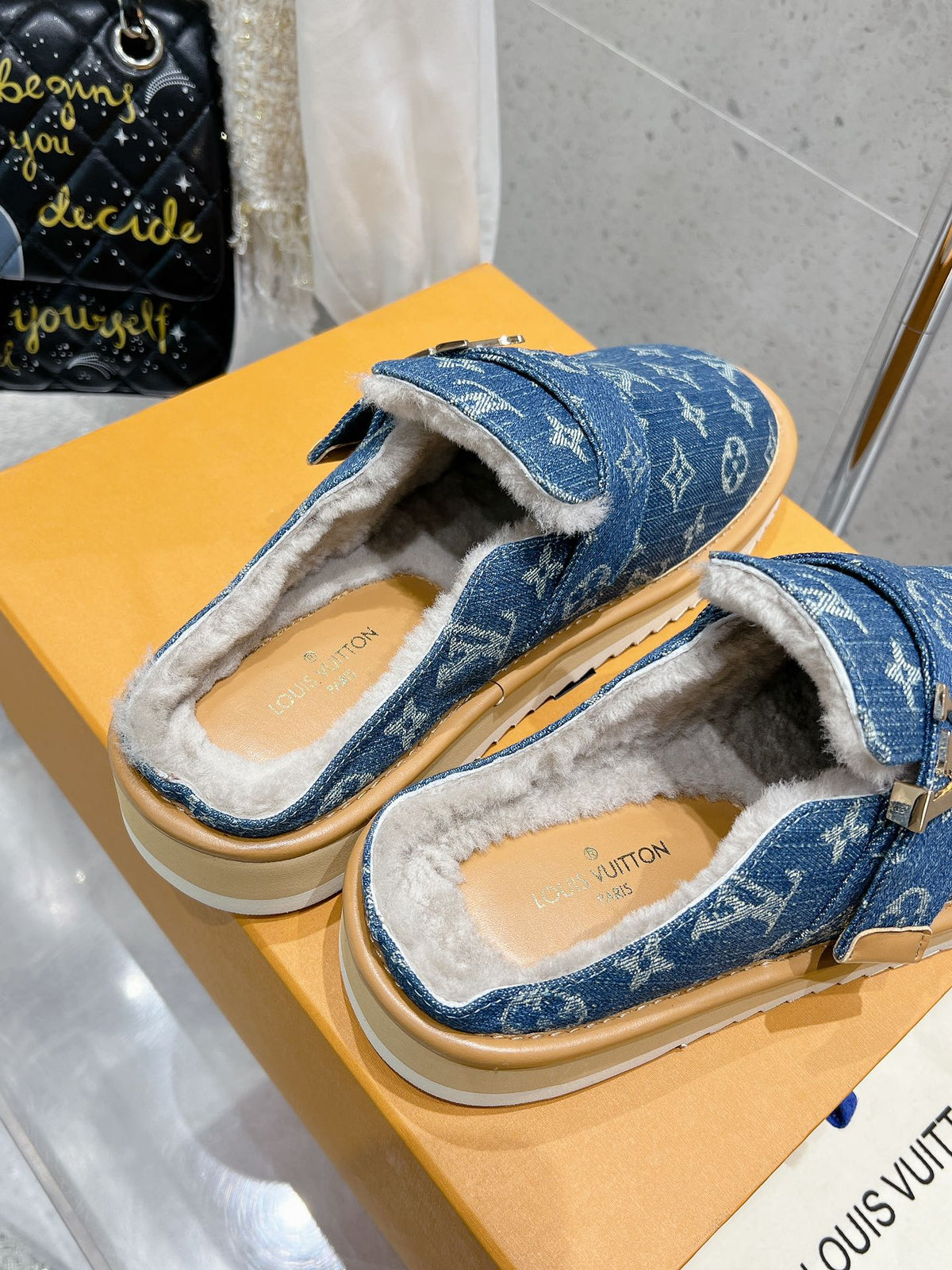 LV Cosy Flat Comfort Clog Light Blue Monogram Denim Fabric