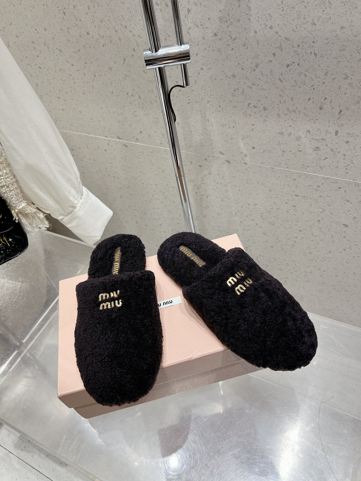 Miu Slippers Black Wool Fabric