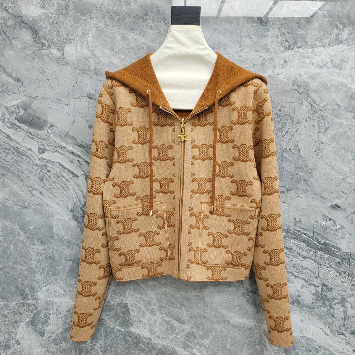 Celine 25 Hooded Knitted Cardigan Camel Brown Wool 282134