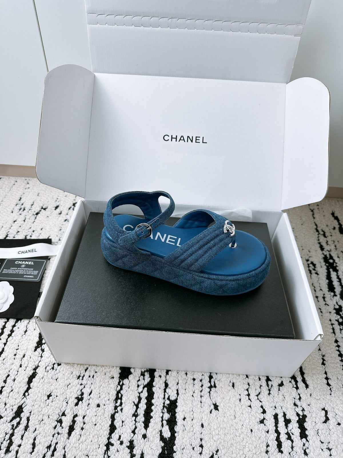 CC Sandals In Navy Blue Denim Fabric 144526