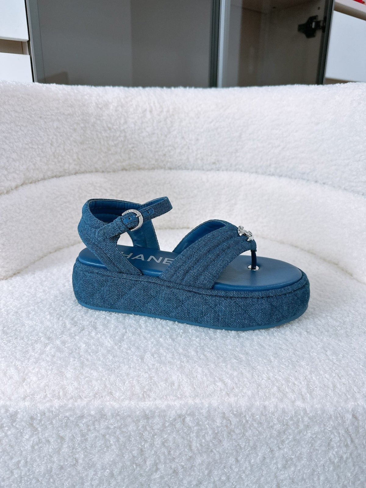 CC Sandals In Navy Blue Denim Fabric 144526