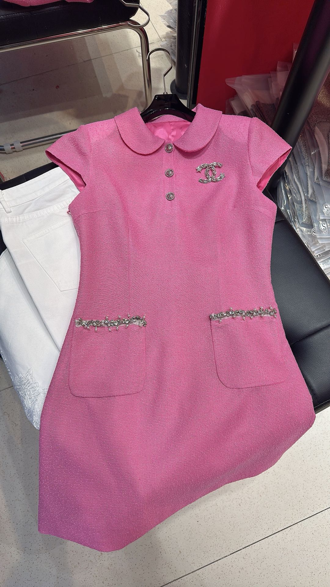 CC Doll Collar Waist Dress White Pink Cotton