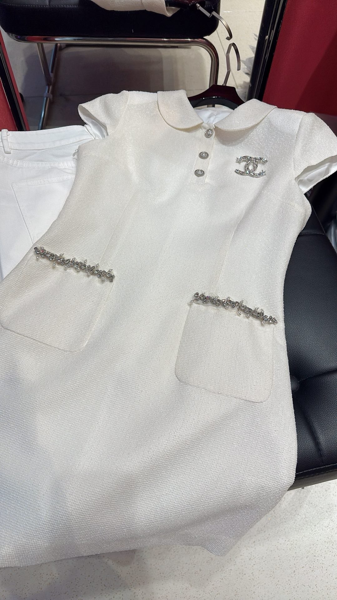 CC Doll Collar Waist Dress White Pink Cotton