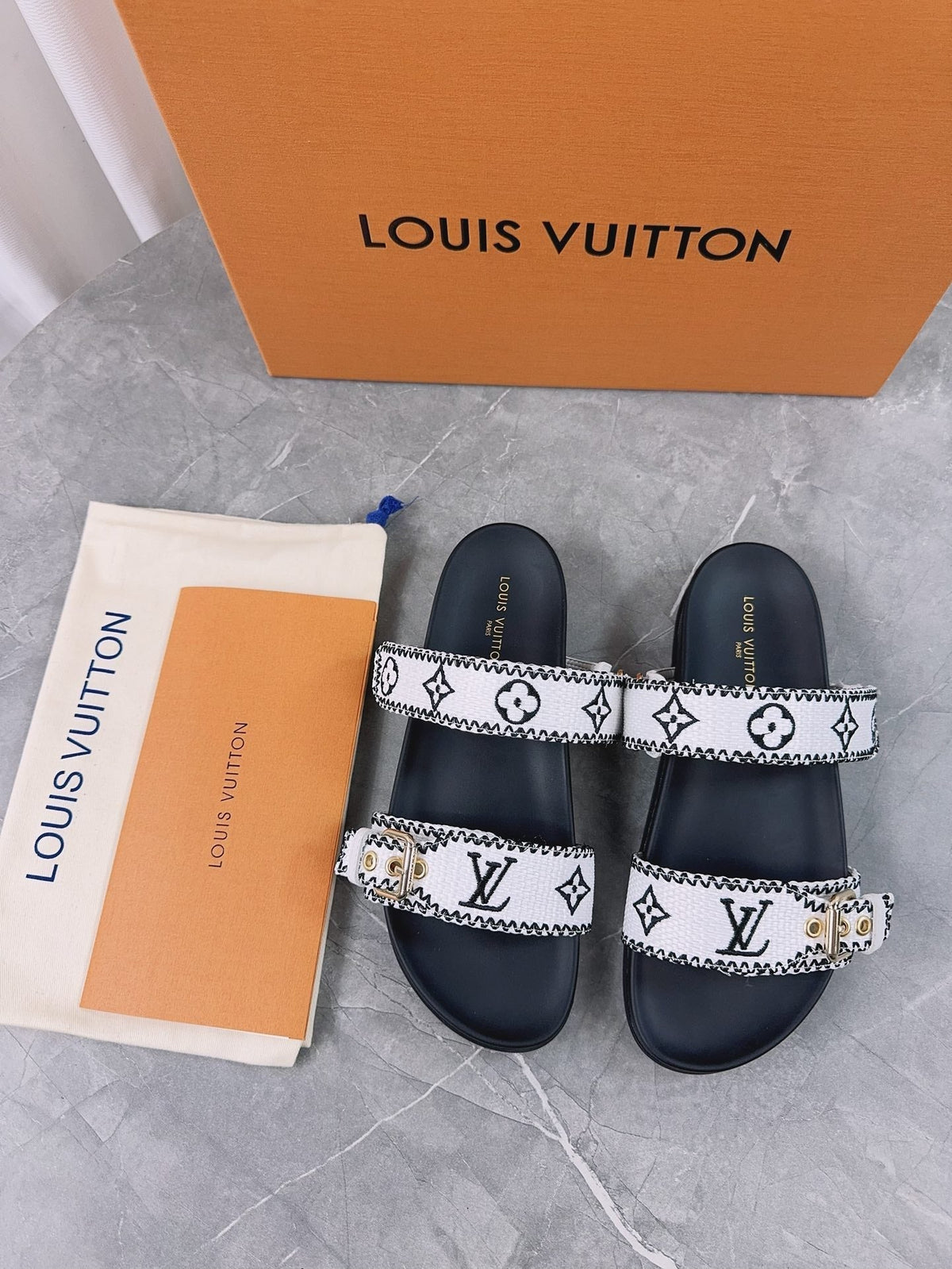LV Sandals Black Mix White Embroidered Sedge