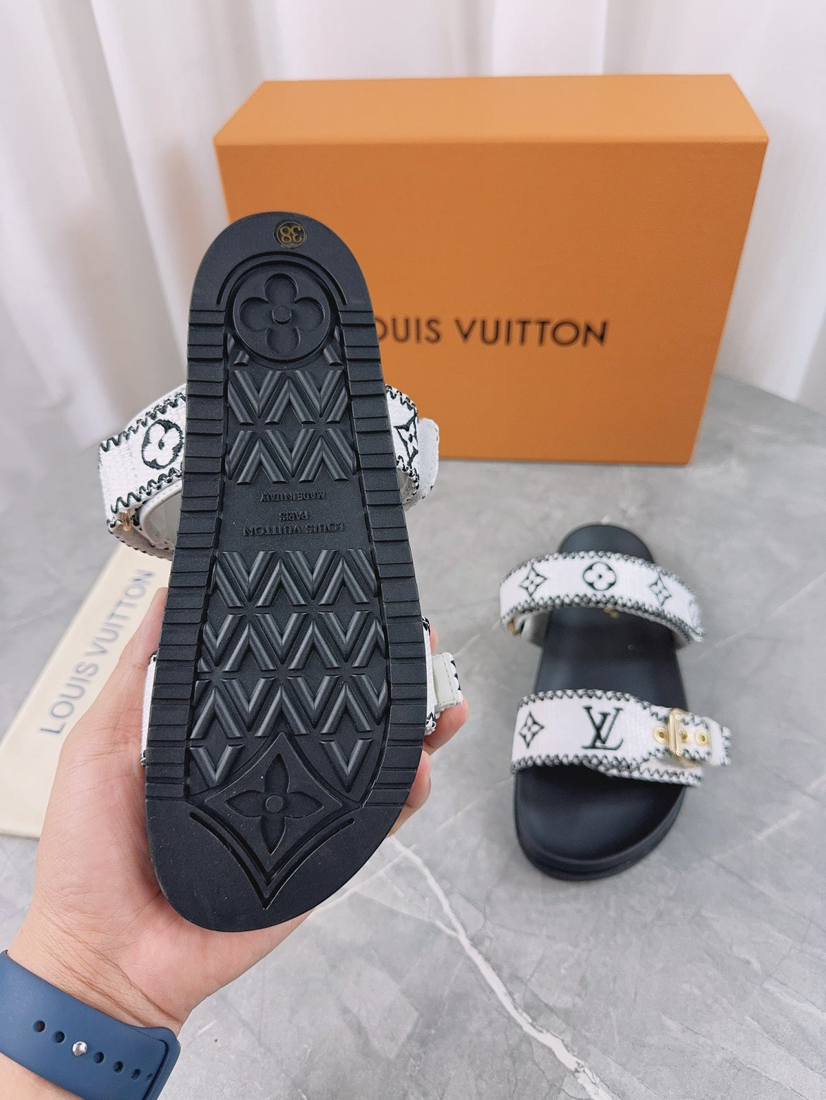 LV Sandals Black Mix White Embroidered Sedge