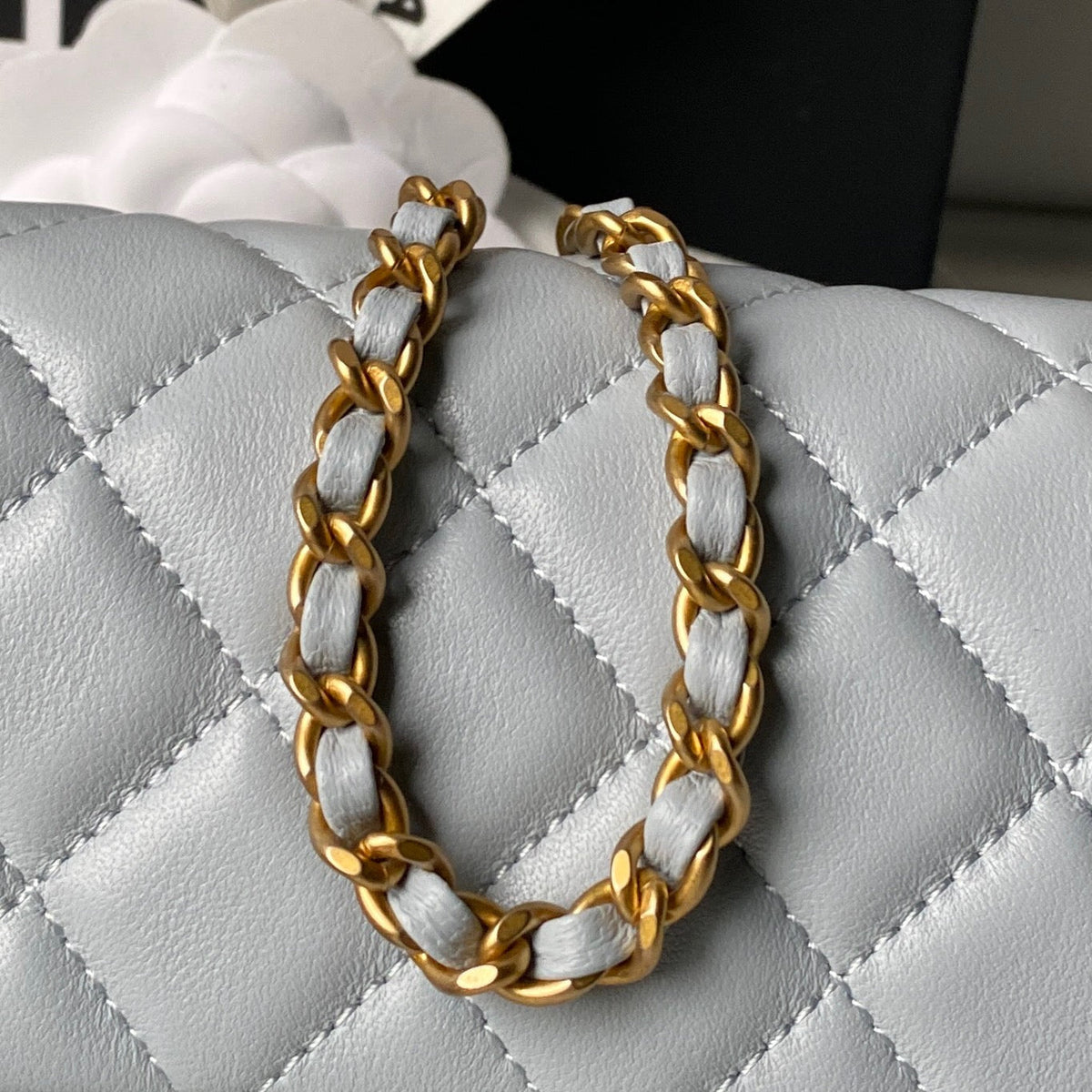 Chanel 25 Rectangular Pearl Crush Bag 20cm Light Blue Lambskin 324819