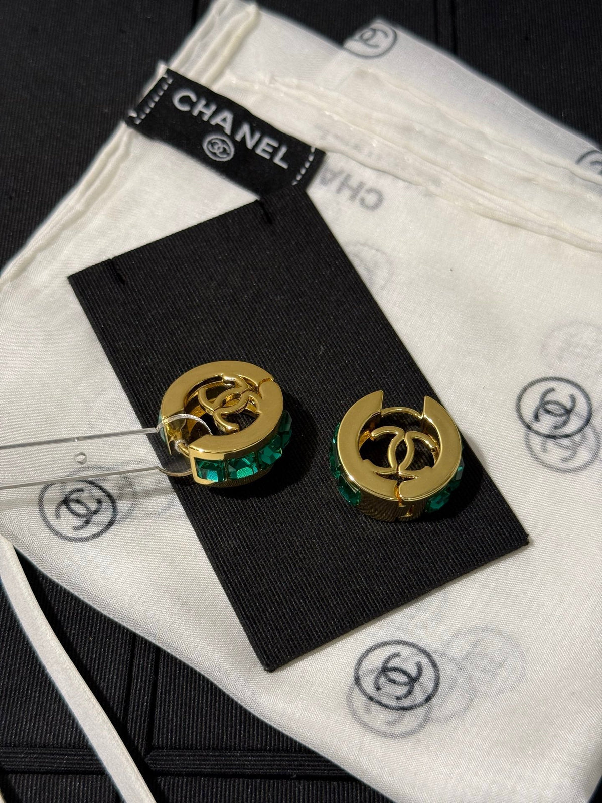 Chanel 2026 Emerald Square Diamond Gold Double C Hoop Earrings Stud Earrings