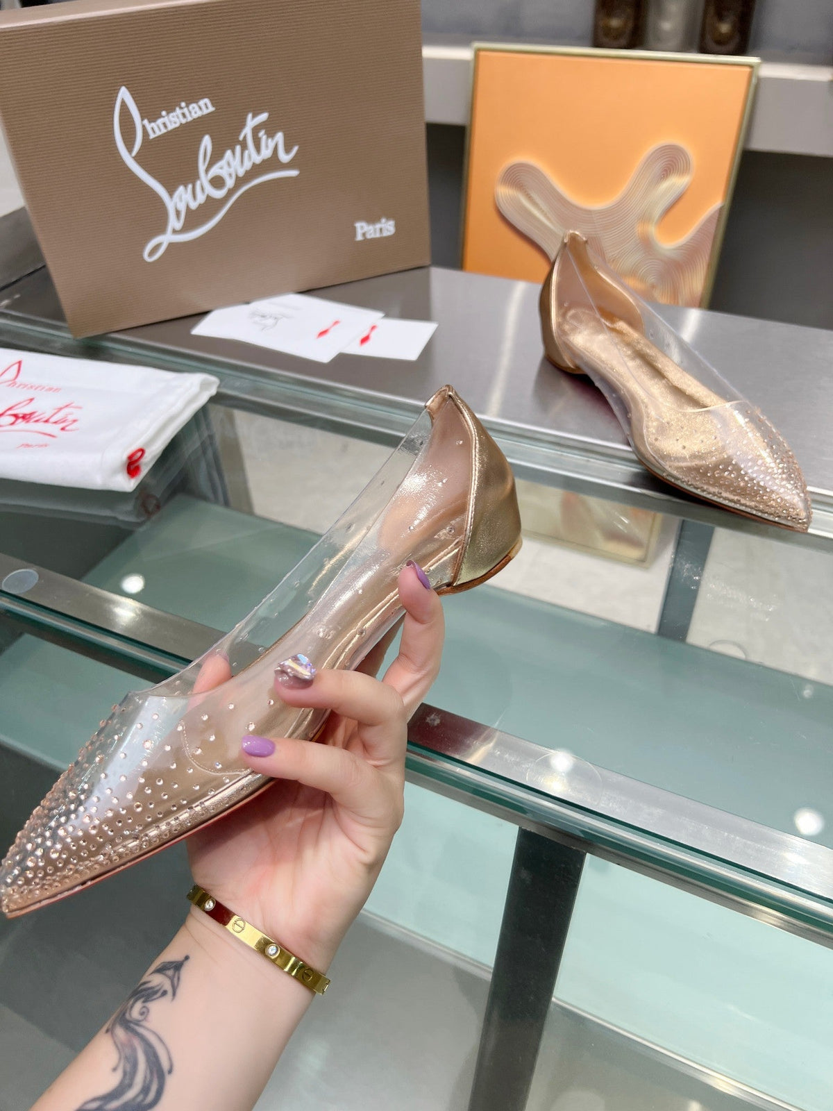 CL Degrastrass Flats Silver PVC and Strass Light Peach