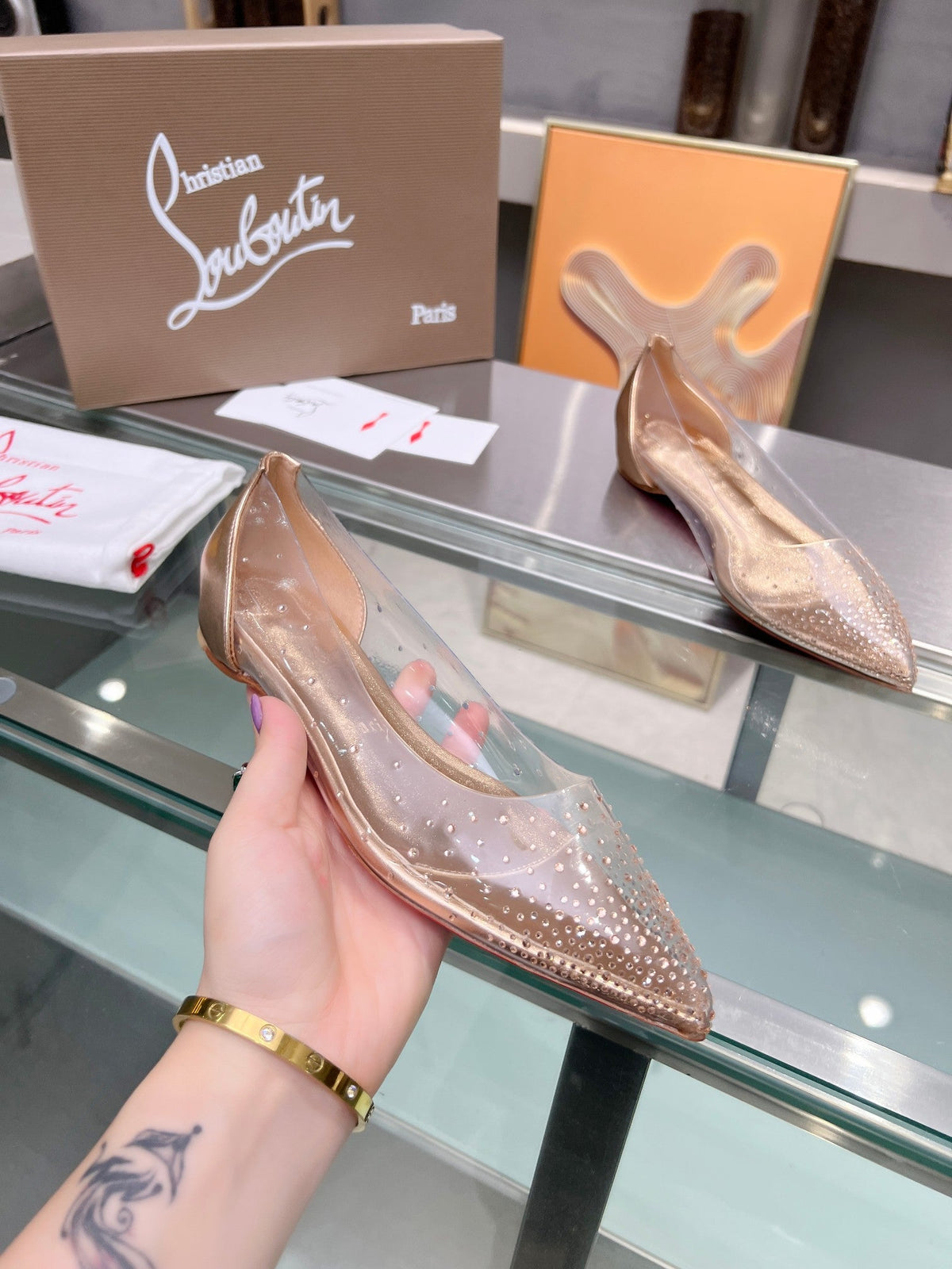 CL Degrastrass Flats Silver PVC and Strass Light Peach