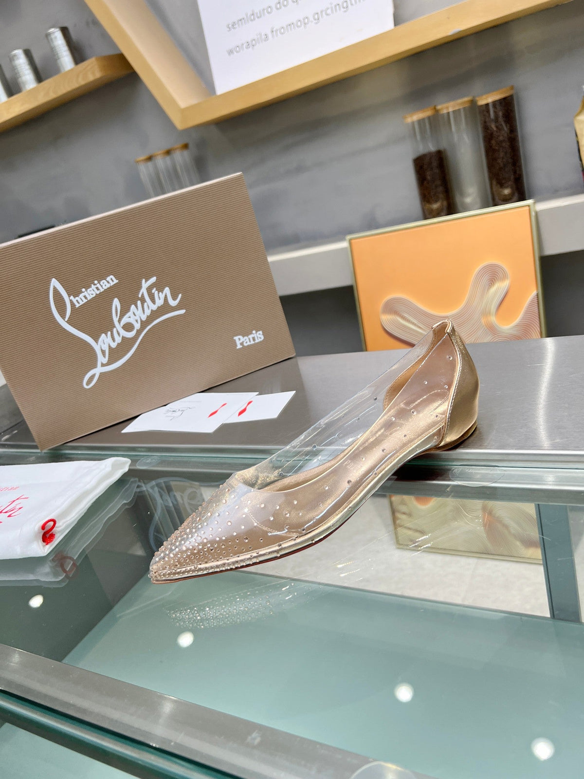 CL Degrastrass Flats Silver PVC and Strass Light Peach