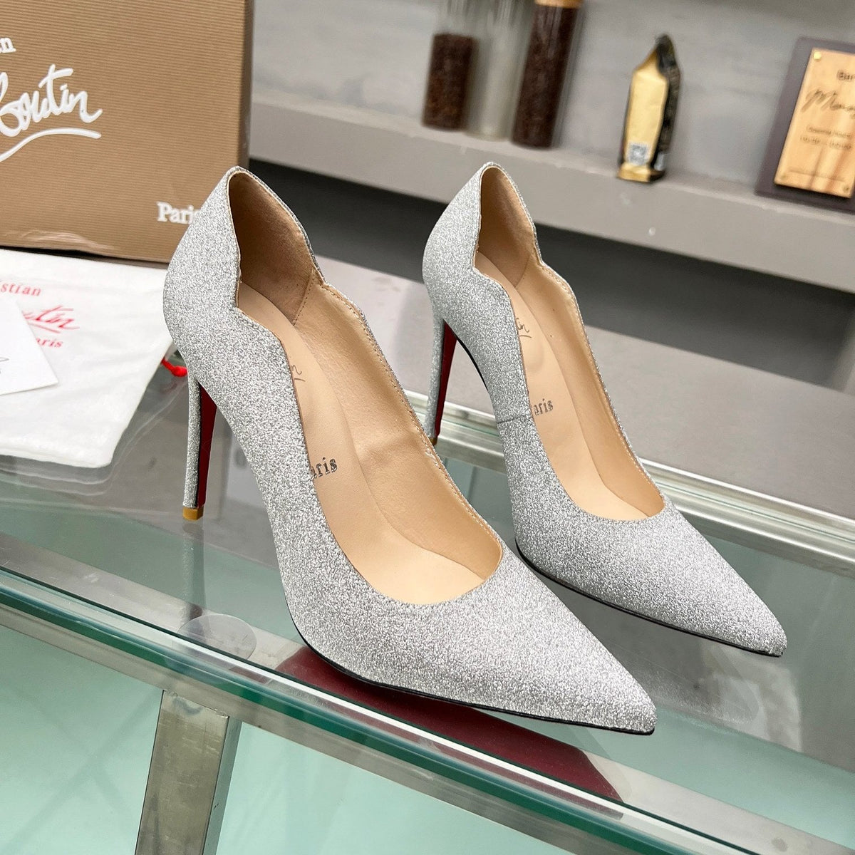 CL Hot Chick Pumps 100mm Glittered Calf Leather Silver
