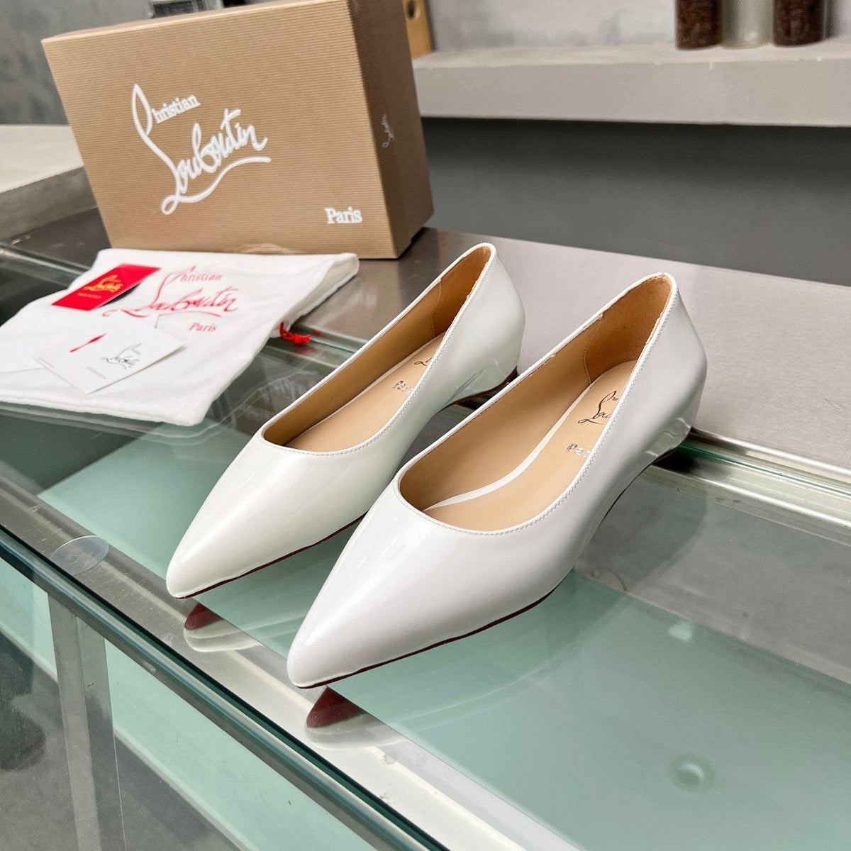CL Kate Ballerina Flats Patent Leather White