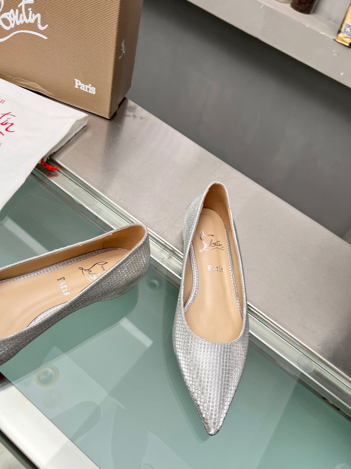CL Kate Ballerina Flats Sequin Fabric Silver