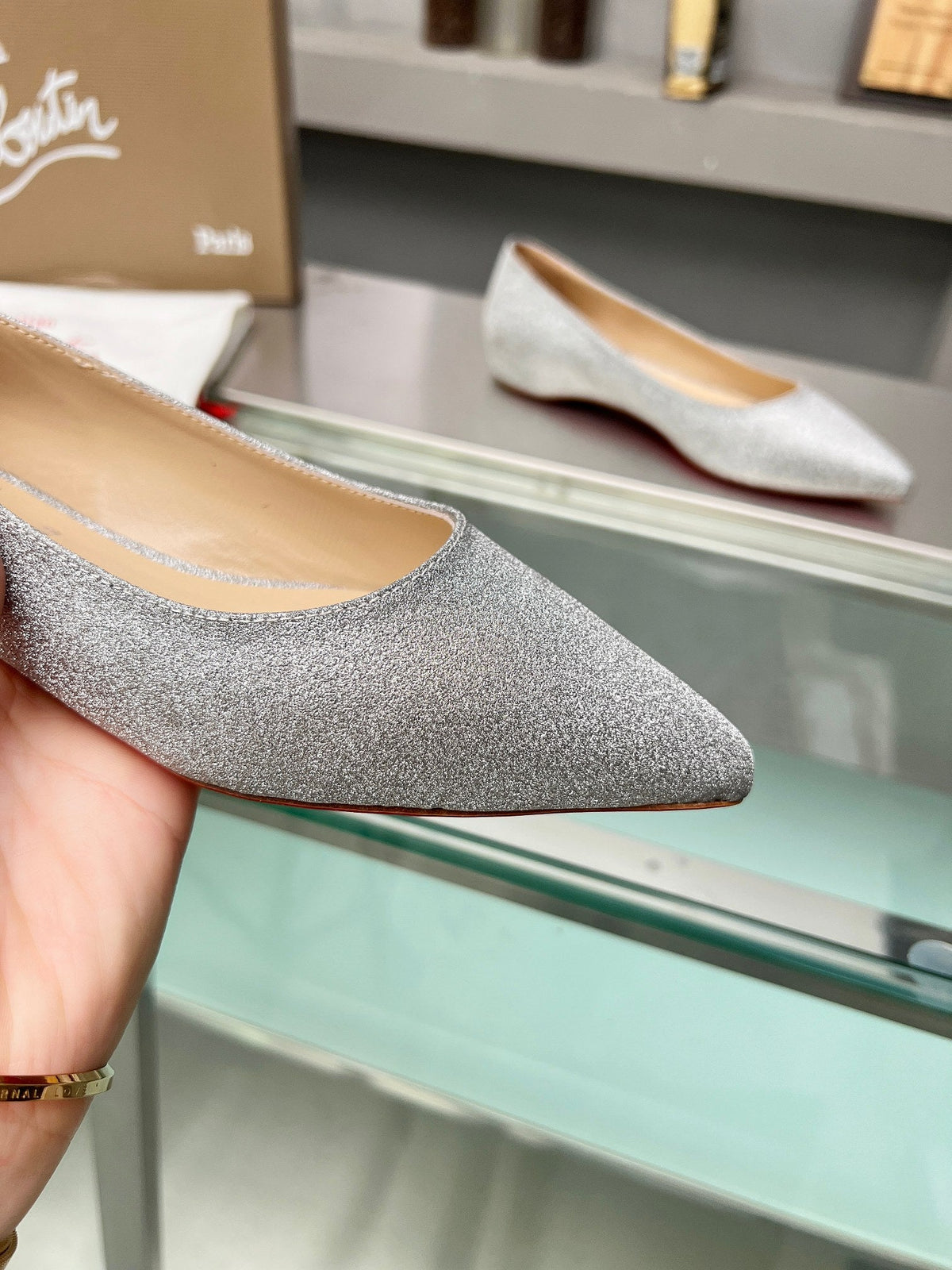 CL Kate Ballerina Flats Glitter Calf Leather Silver