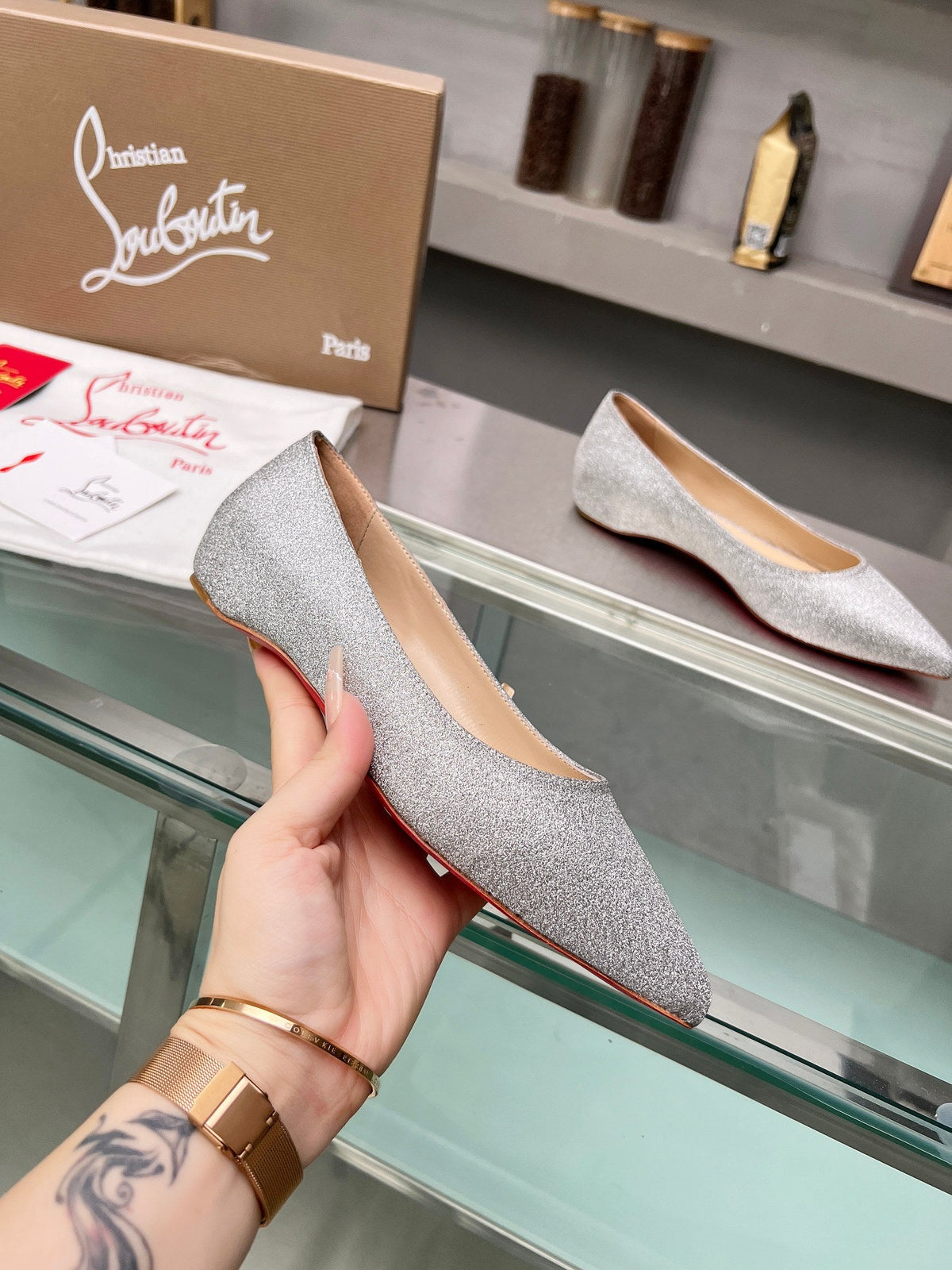CL Kate Ballerina Flats Glitter Calf Leather Silver