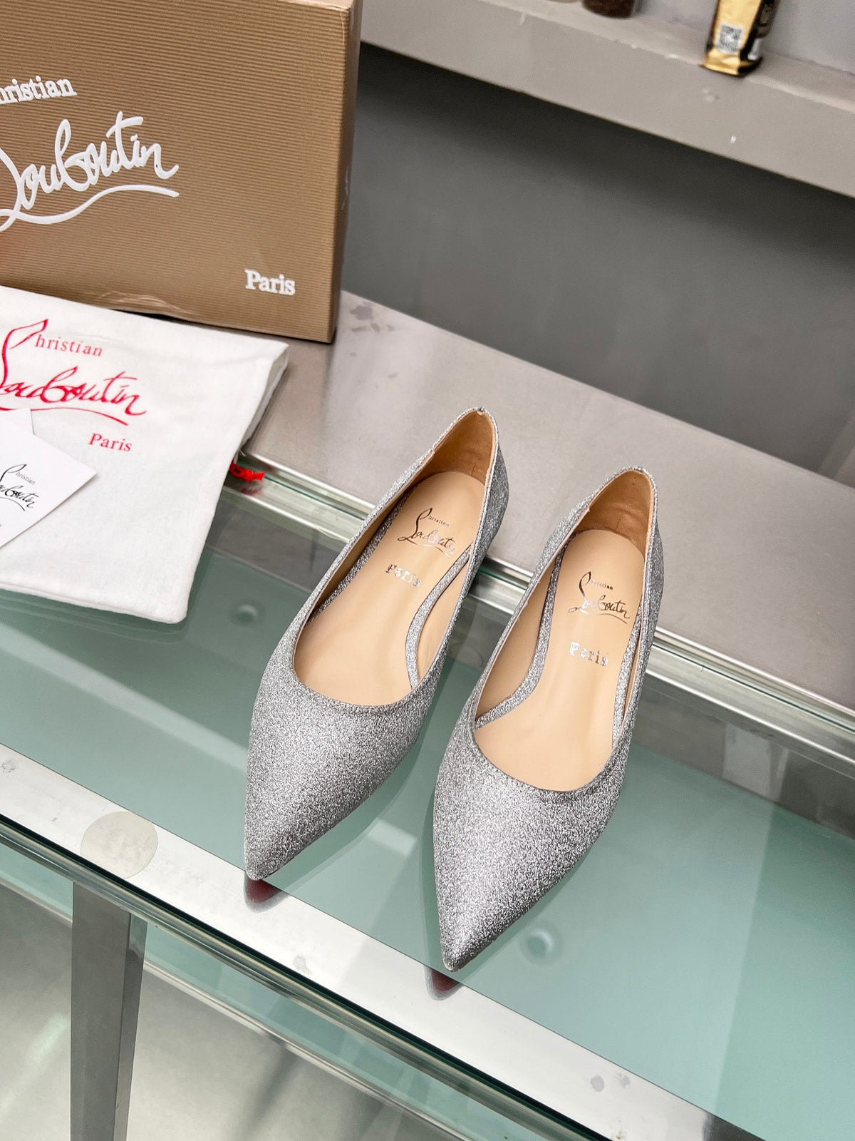 CL Kate Ballerina Flats Glitter Calf Leather Silver