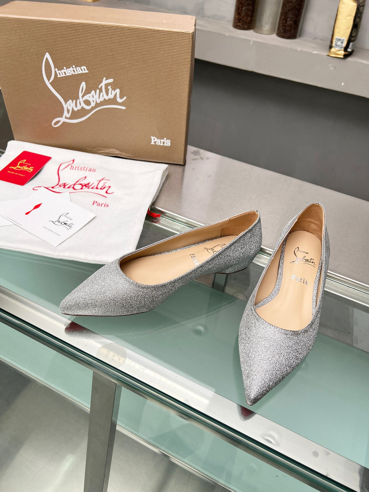 CL Kate Ballerina Flats Glitter Calf Leather Silver