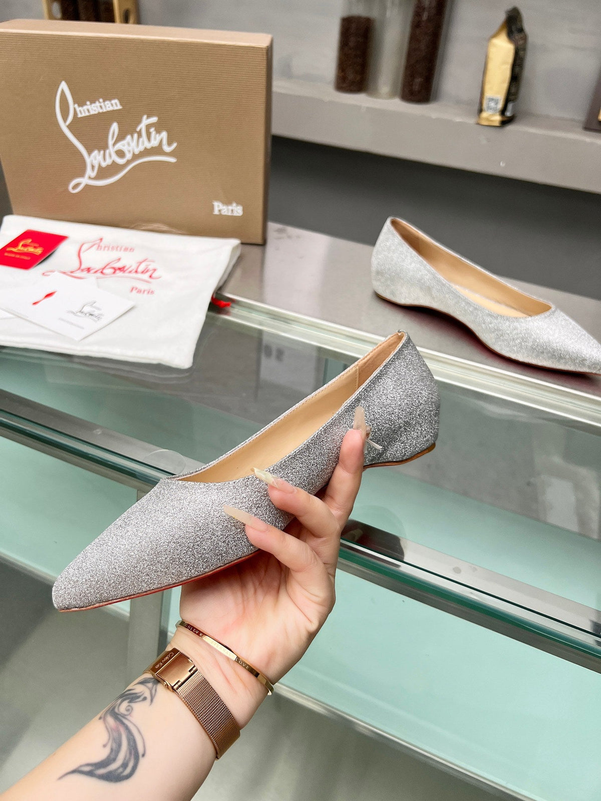 CL Kate Ballerina Flats Glitter Calf Leather Silver