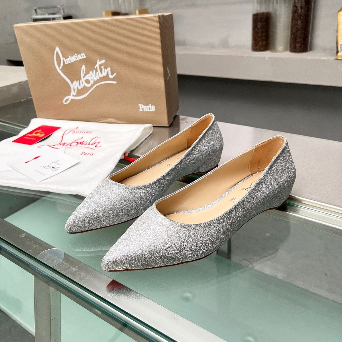 CL Kate Ballerina Flats Glitter Calf Leather Silver