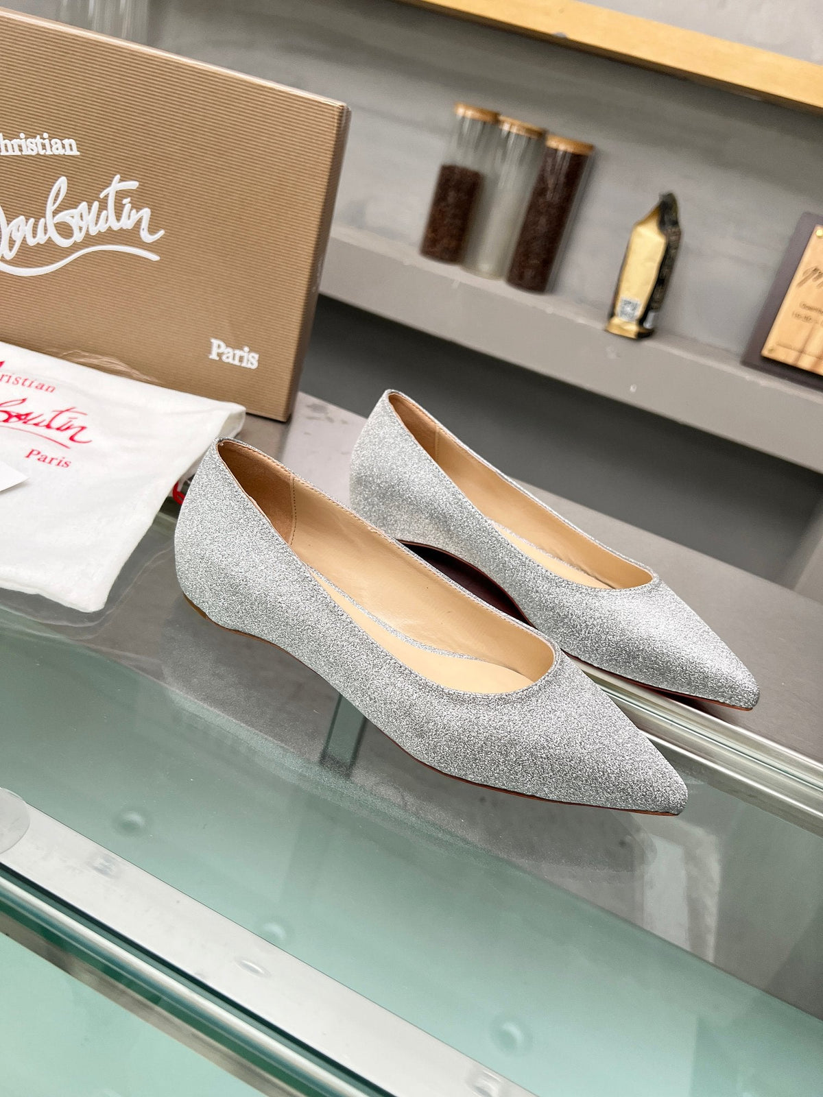 CL Kate Ballerina Flats Glitter Calf Leather Silver