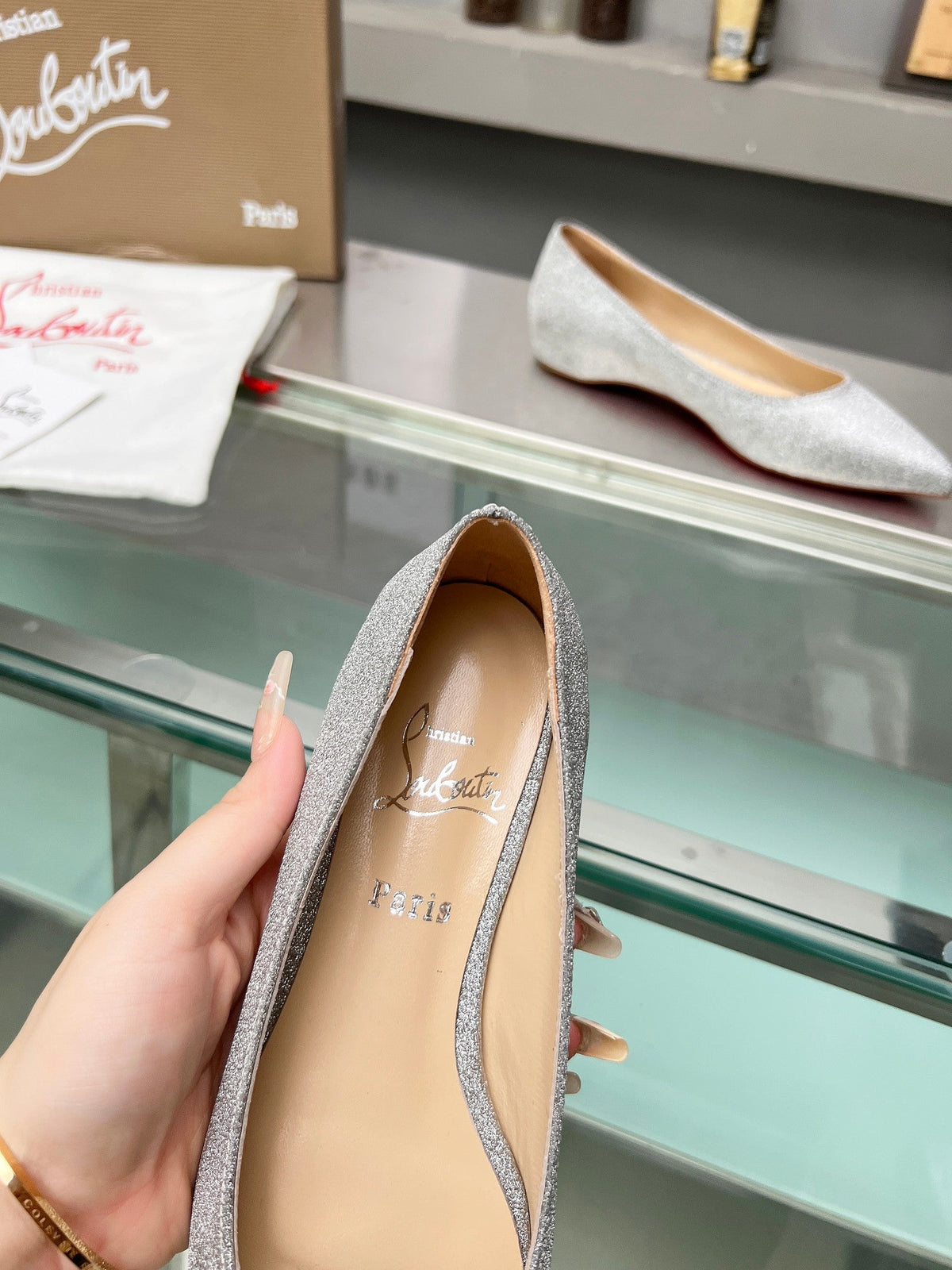 CL Kate Ballerina Flats Glitter Calf Leather Silver