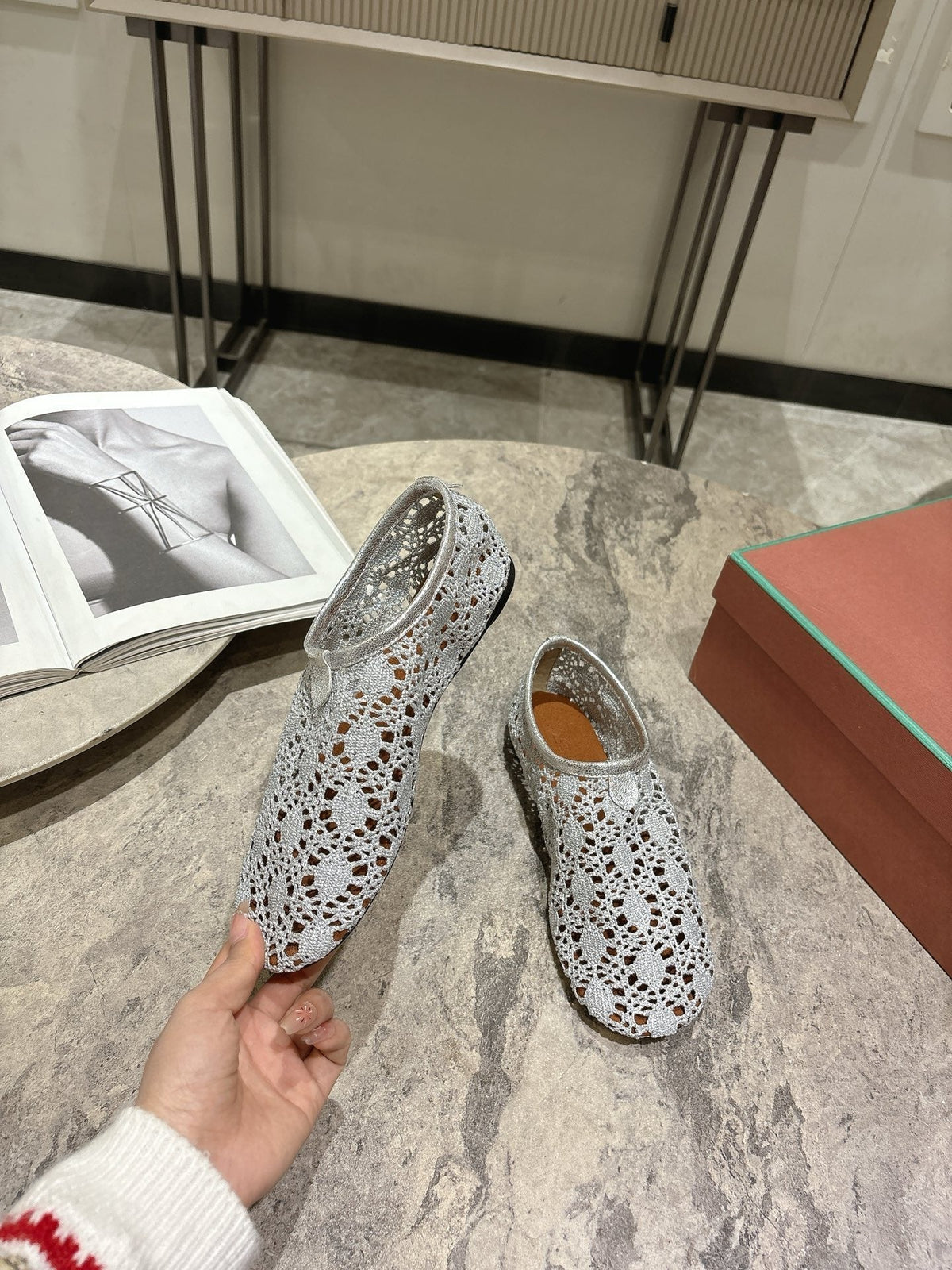 LP hollow knit ballet flats gray fabric 379028
