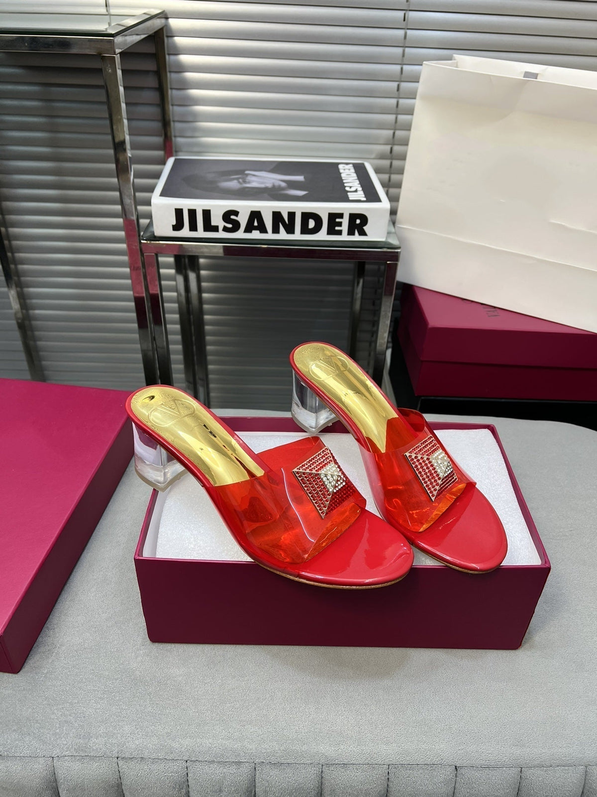 Heeled Sandals 6cm with Crystal Square Buckle Gold and Red