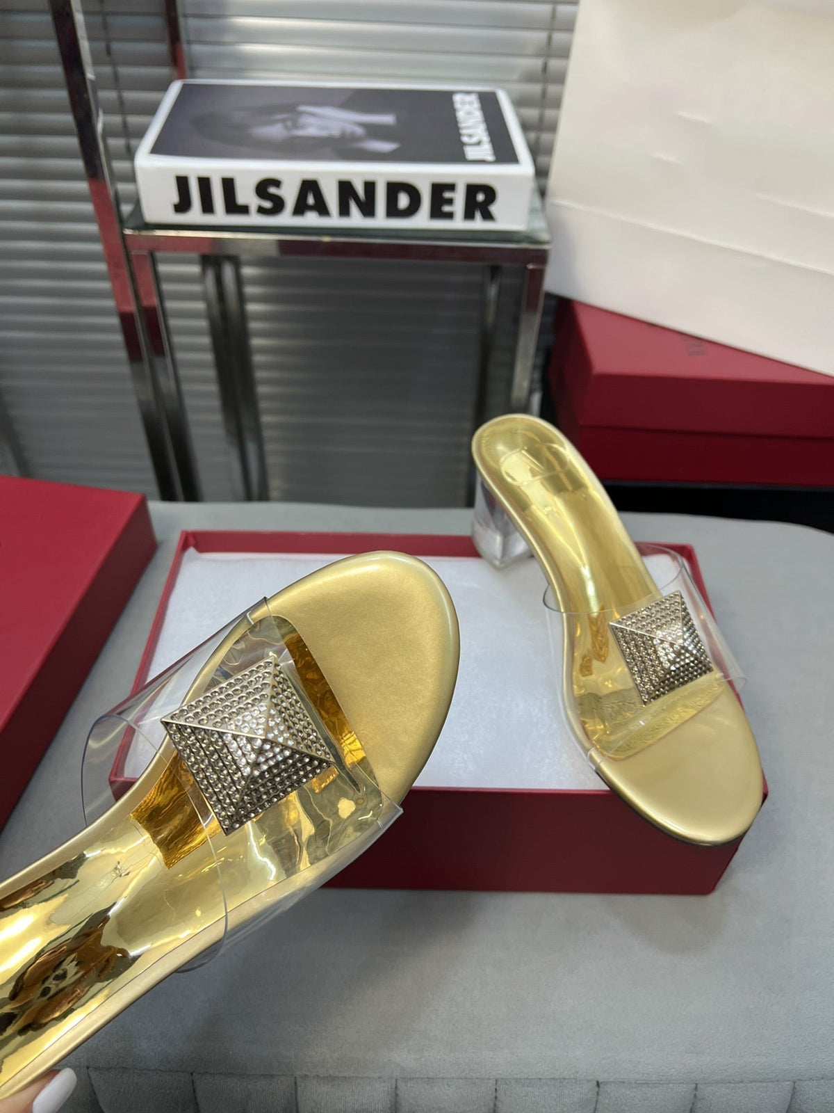 Heeled Sandals 6cm with Crystal Square Buckle Gold