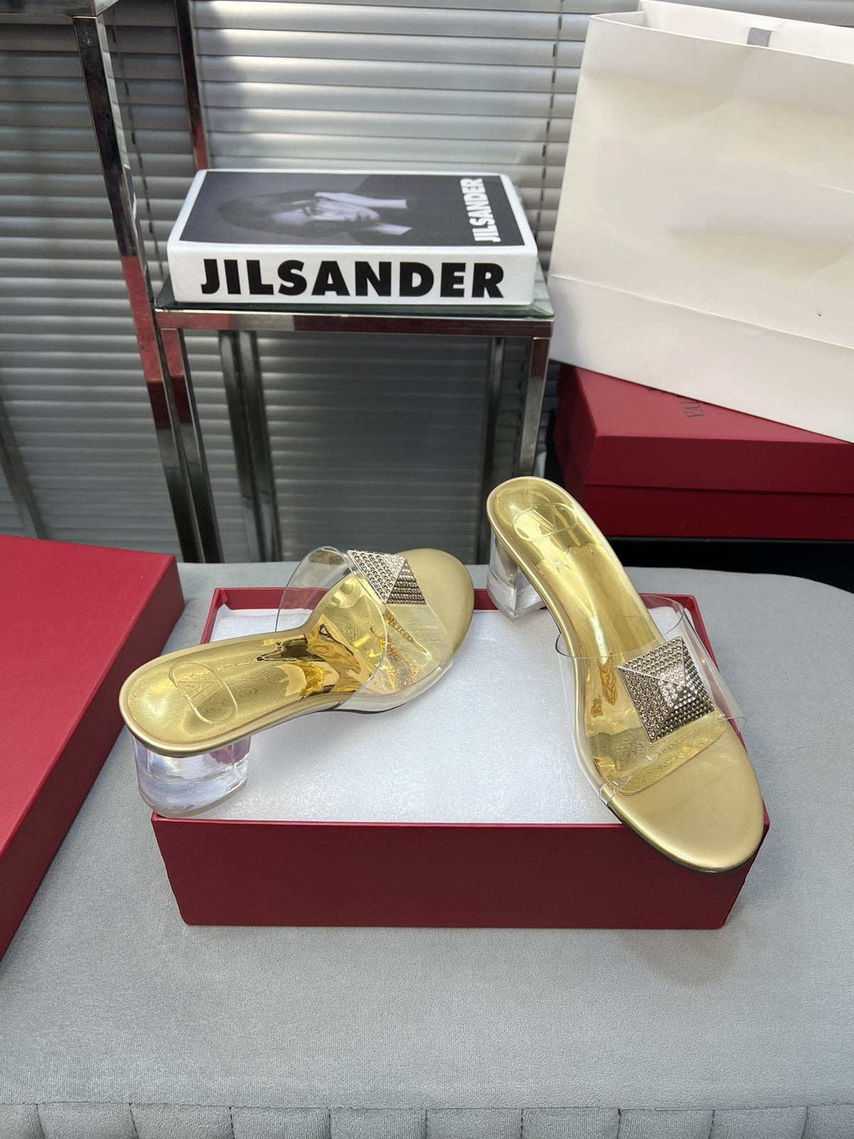 Heeled Sandals 6cm with Crystal Square Buckle Gold