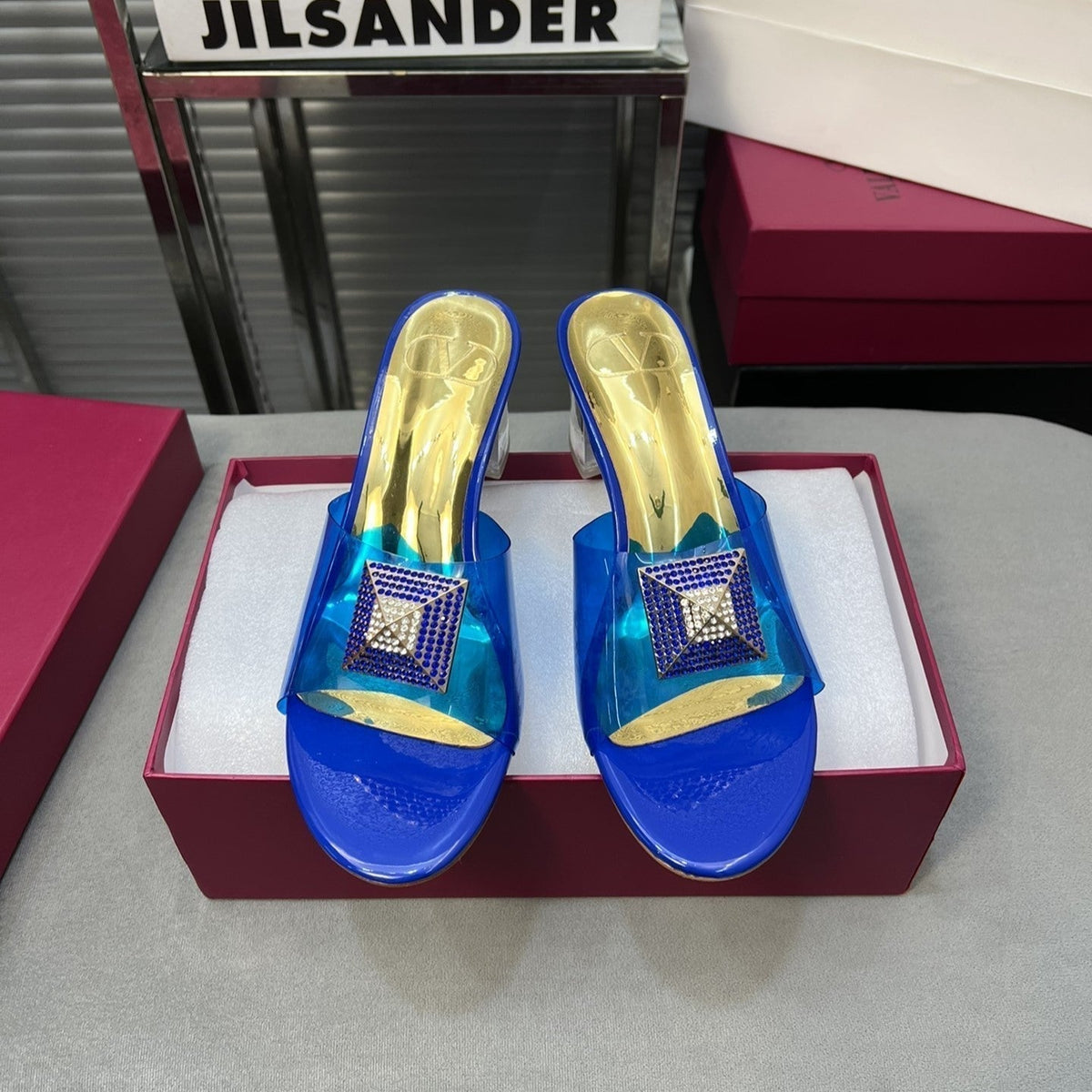 Heeled Sandals 6cm with Crystal Square Buckle Gold and Blue